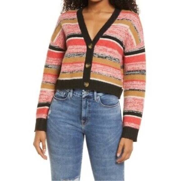 Nordstrom BP Striped Cropped Button Front Cardigan Sweater Women Size Medium - Picture 1 of 6
